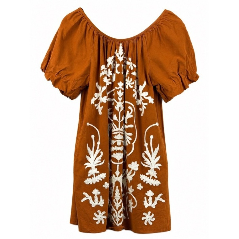 Free People Fiona Embroidered Dress | Medium | Terracotta | 100% Cotton
